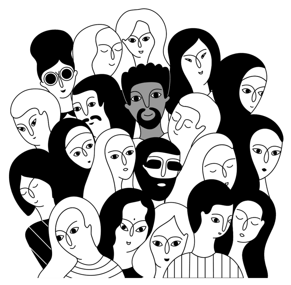 Line drawing of a diverse group of people