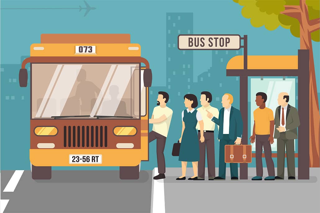 A graphic image of people getting on a city bus.